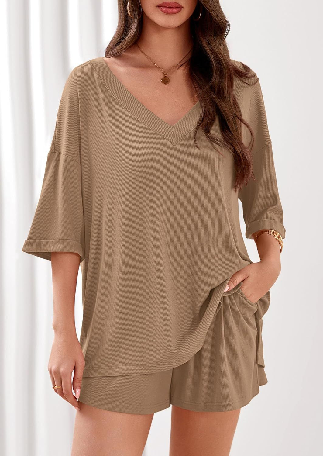 Ribbed V Neck Lounge Set Oversized Top Shorts Set