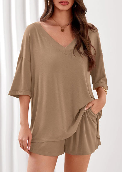 Ribbed V Neck Lounge Set Oversized Top Shorts Set
