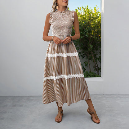 Sleeveless Striped Lace Midi Dress Ruffled A-Line Summer