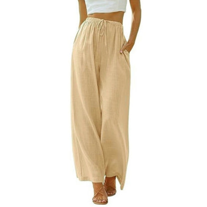 Women's Linen Wide Leg Pants Drawstring Elastic Waist