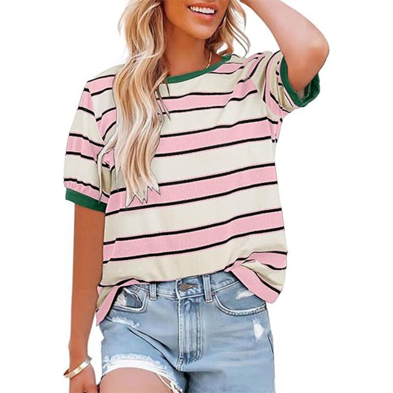 Women Striped Color Block Tee Casual Loose Fit Summer Top
