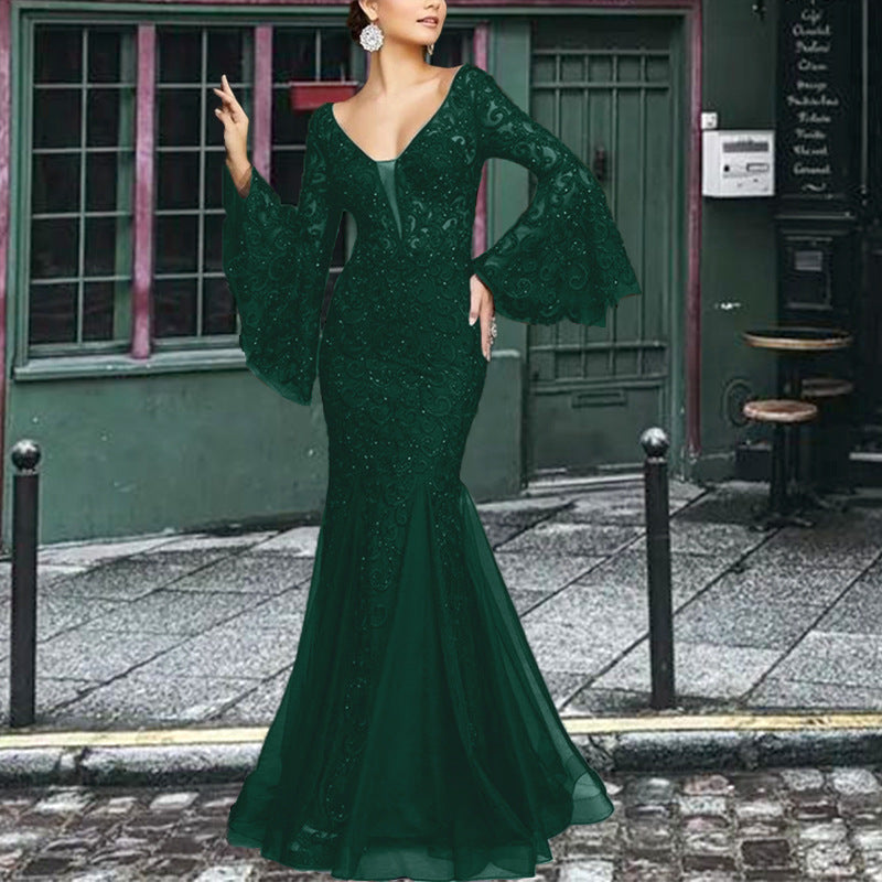 Sexy V-Neck Lace Mermaid Evening Gown Bell Sleeves
