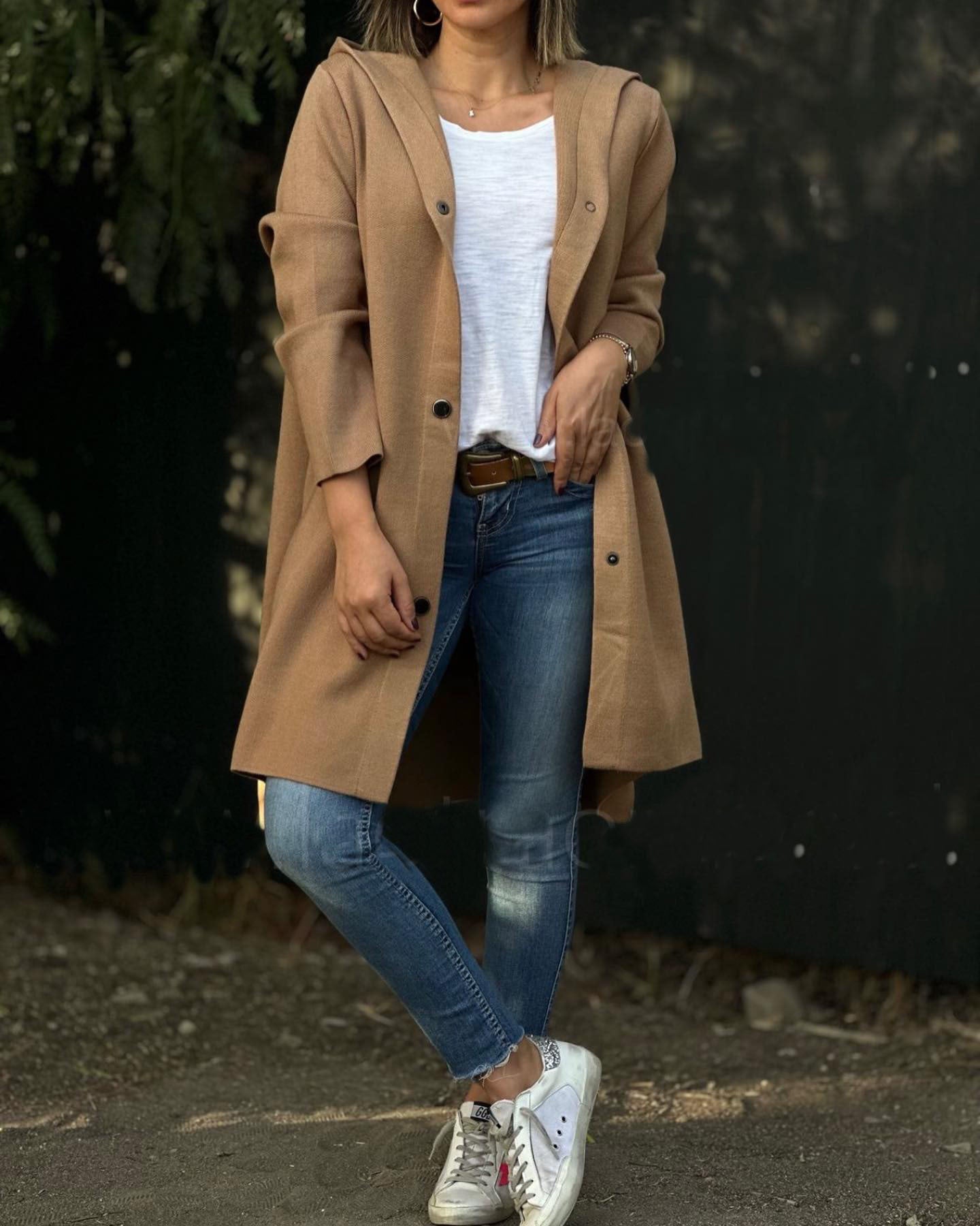 Women's Hooded Wool Coat Oversized Button Front Mid Length