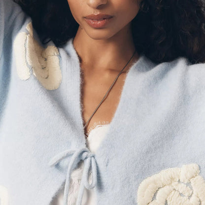 Women's Fuzzy Floral Tie Front Cardigan Light Blue