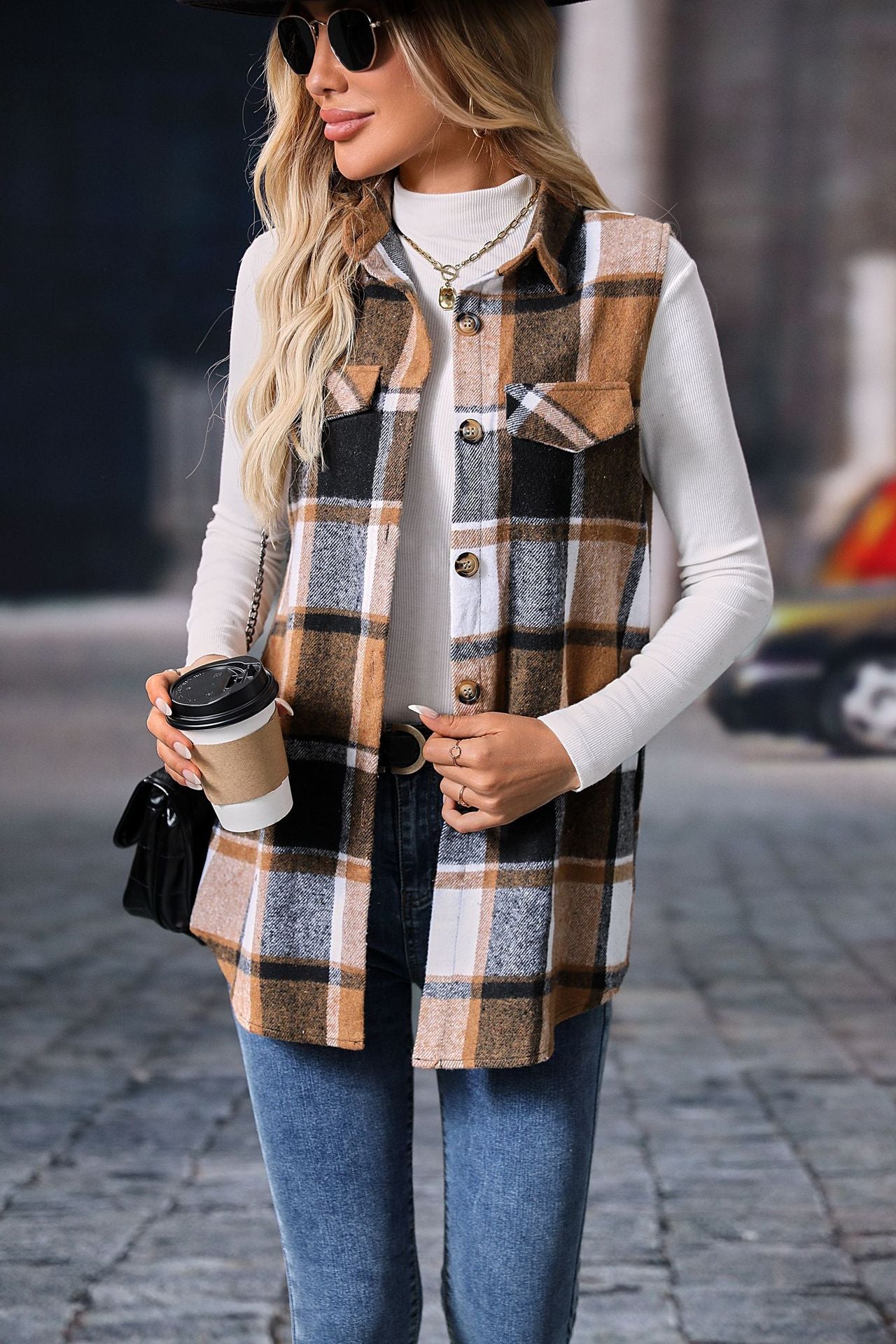 Plaid sleeveless shacket button front longline fit