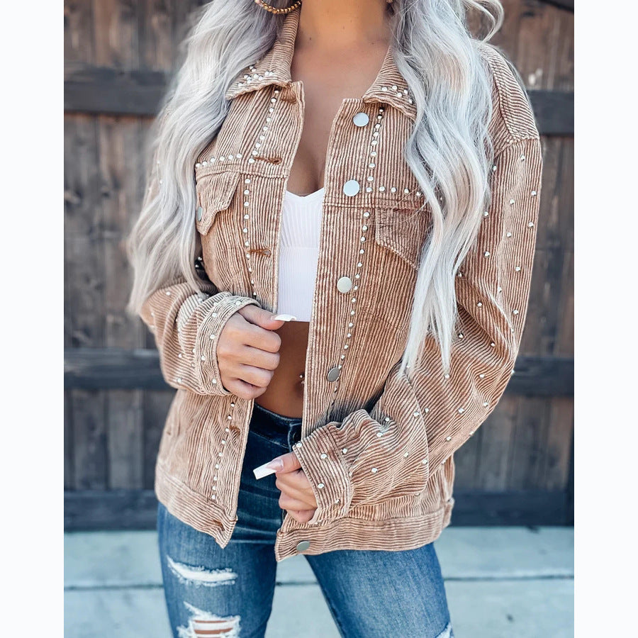Womens Pearl Corduroy Jacket Button Down Collared