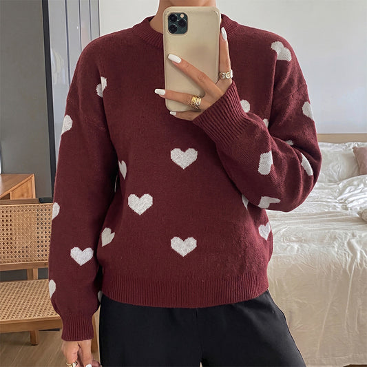 Heart Jacquard Knit Crew Neck Oversized Sweater