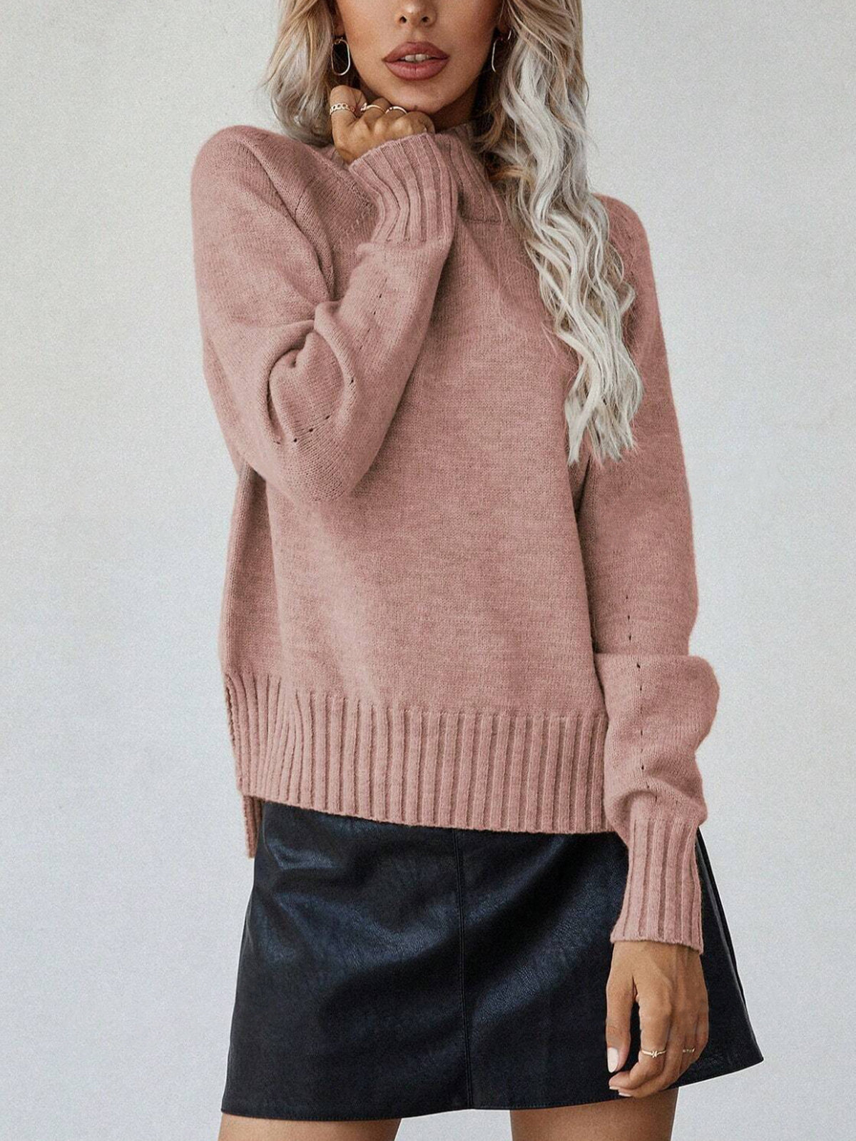 Women's Ribbed Turtleneck Sweater Side Slit Long Sleeve
