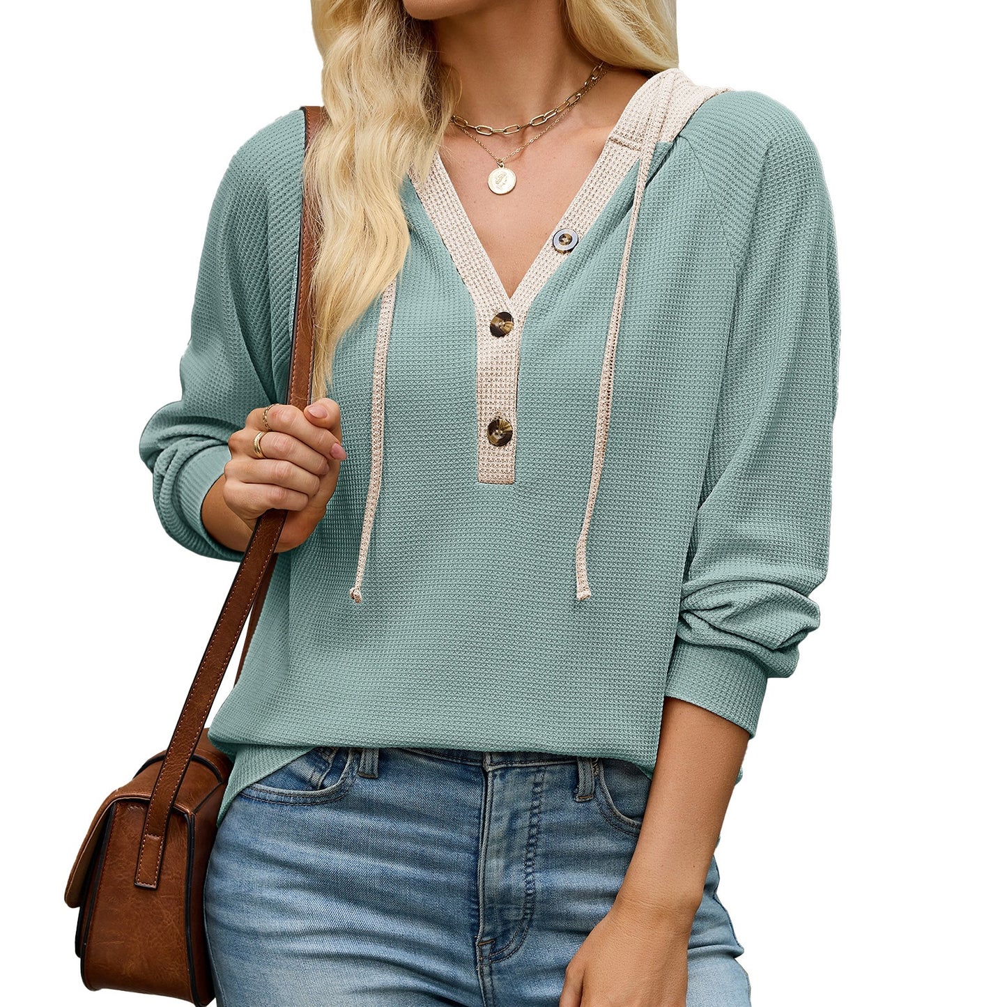 Color Block Waffle Knit Hoodie Henley Long Sleeve Top