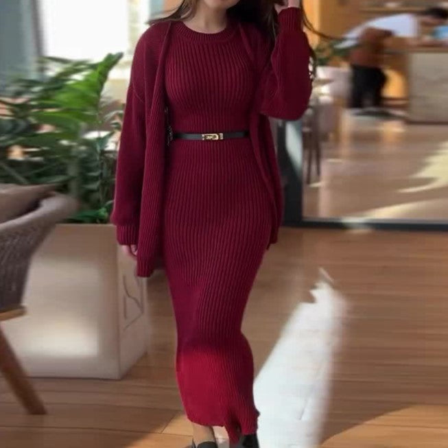 Women's Ribbed Maxi Dress and Cardigan Matching Set