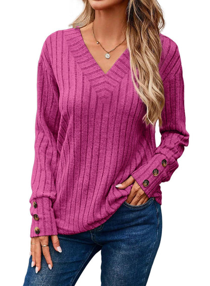 Women's V Neck Ribbed Long Sleeve Button Cuff Top