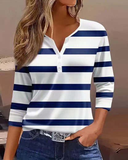 Women's Casual Striped V-Neck Button Henley Top