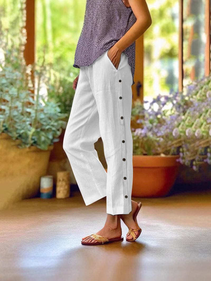 Women's Linen Blend Wide Leg Crop Pants Side Button