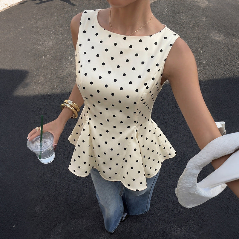 Polka Dot Ruffle Waist Sleeveless Blouse French Vintage Top