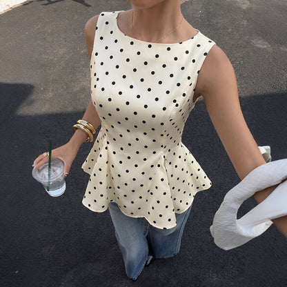Polka Dot Ruffle Waist Sleeveless Blouse French Vintage Top