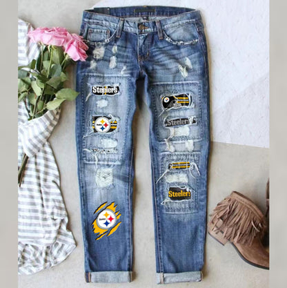 Customizable Distressed Patchwork Ripped Denim Jeans for Women