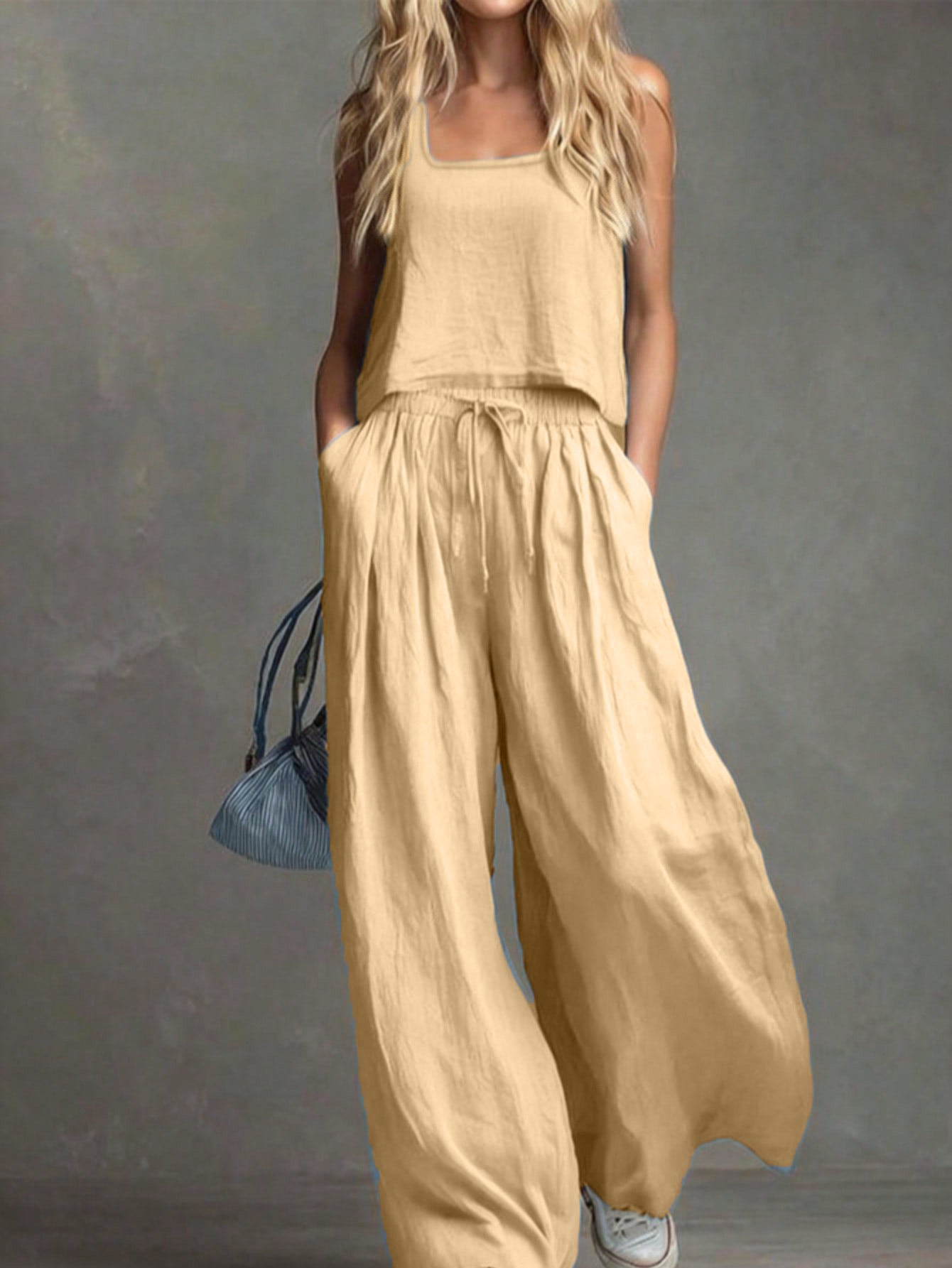 Women's Linen Look Matching Set Tank Wide Leg Pants