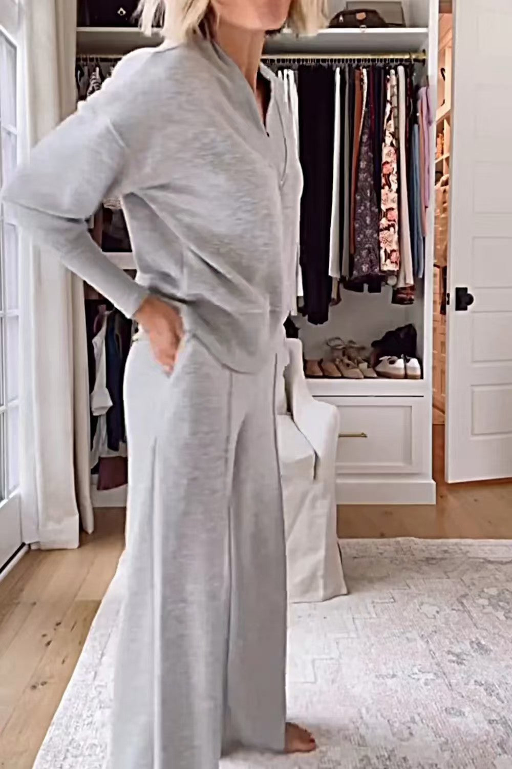 V Neck Two Piece Lounge Set Wide Leg Pants
