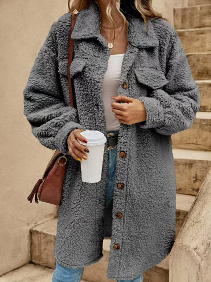 Women's Long Sherpa Jacket Button Down Collared Coat