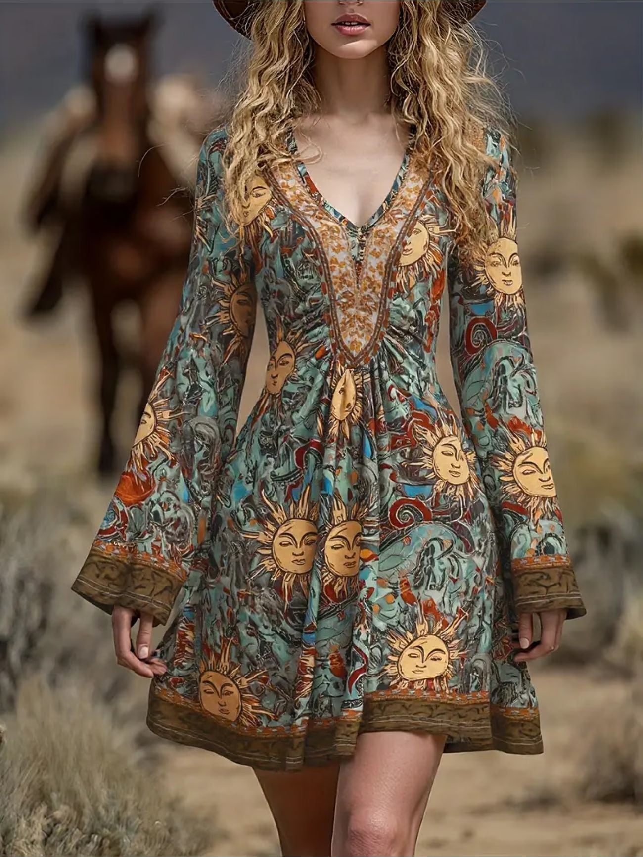 Boho Vintage V-Neck Bell Sleeve A-Line Mini Dress