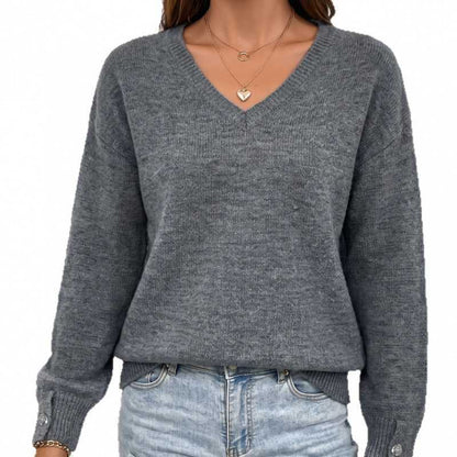 Womens V Neck Sweater Oversized Button Cuff Pullover