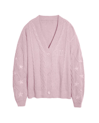 Oversized Cable Knit Star Embroidered Cardigan Sweater