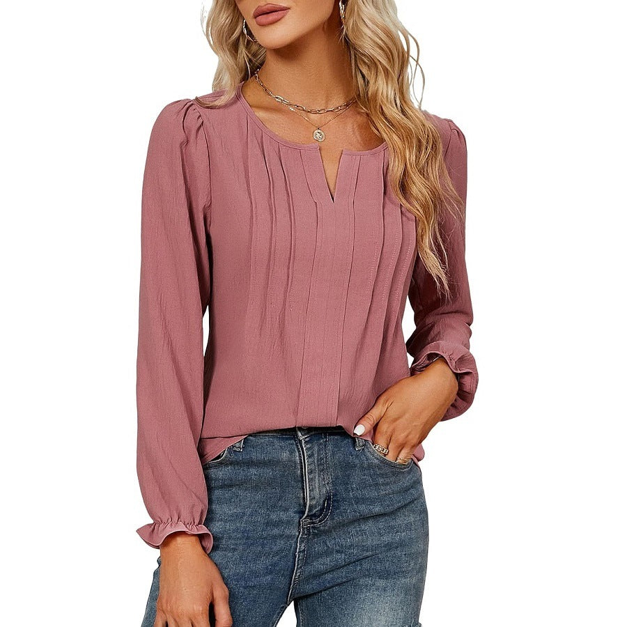 Pleated Chiffon V Neck Long Sleeve Casual Blouse
