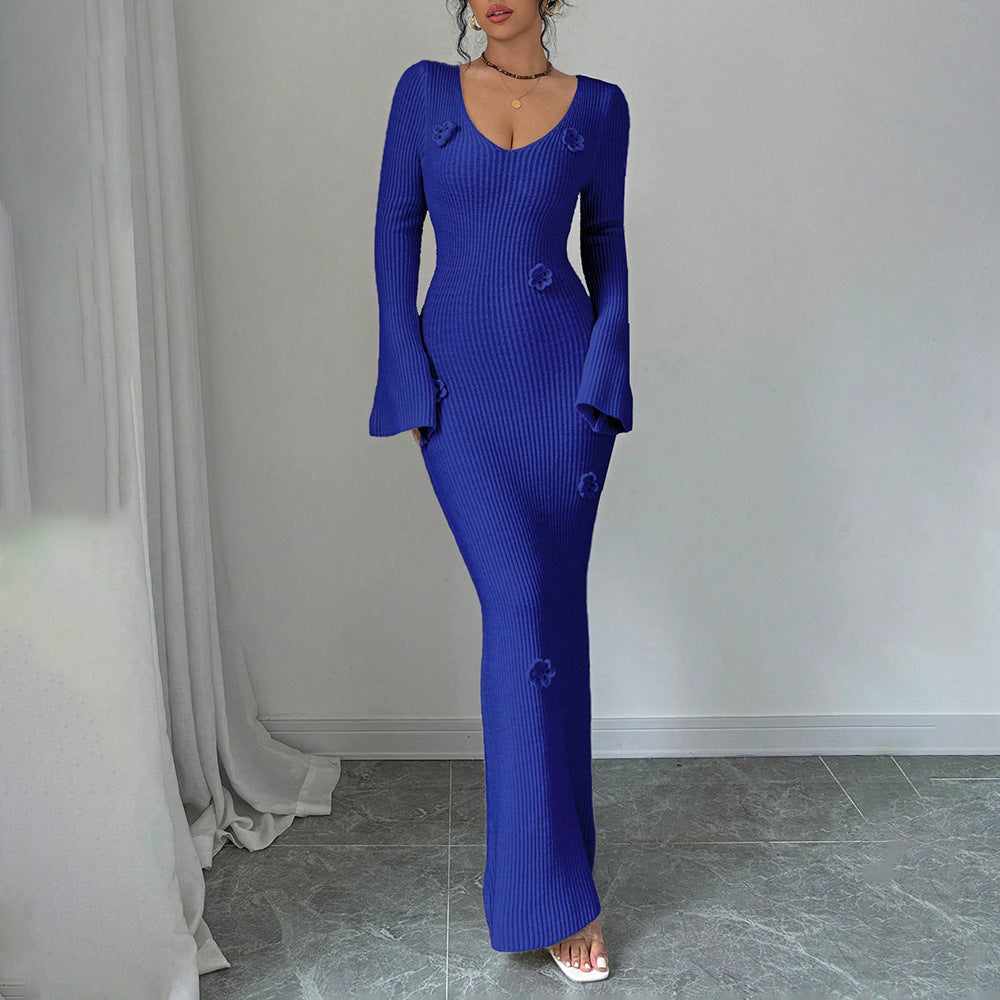 Sexy V Neck Ribbed Knit Bodycon Maxi Dress 3D Floral