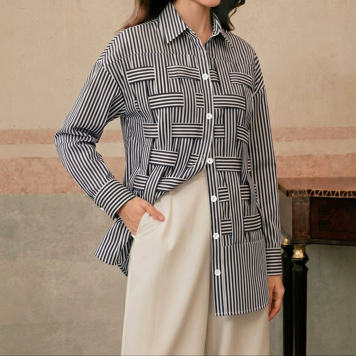 Women's Striped Woven Patchwork Oversized Shirt