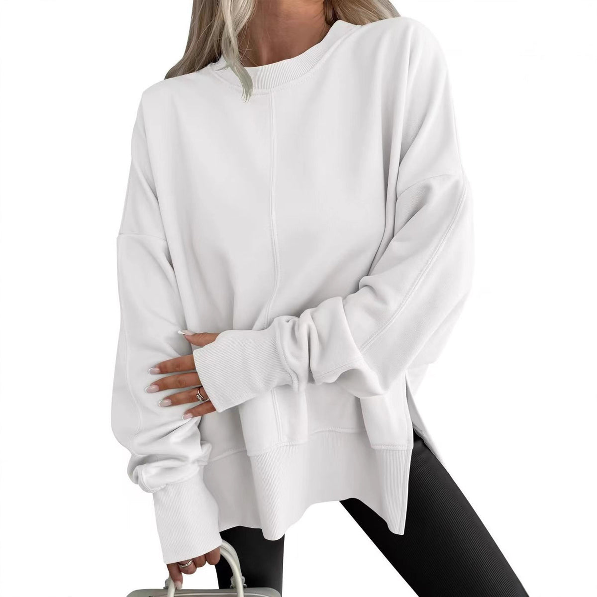 Women's Oversized Fleece Crewneck Sweatshirt Side Slit