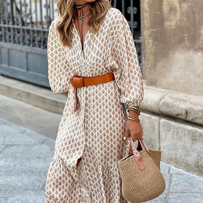 Boho Floral V-Neck Puff Sleeve Midi Dress Belted