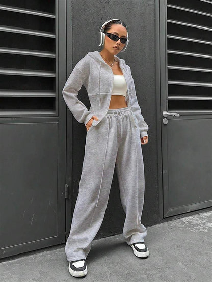 Fitted Zip Hoodie Wide Leg Sweatpants Two Piece Set