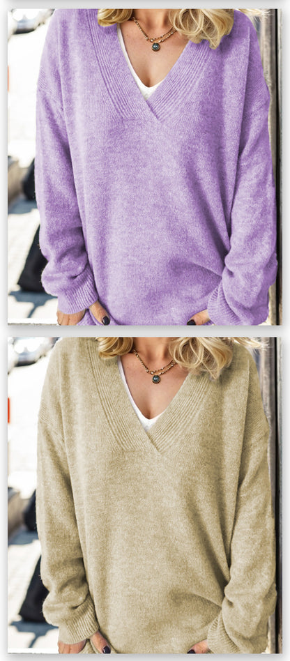 Women's V-Neck Long Sleeve Knit Pullover Sweater