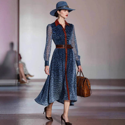 Blue Leopard Print Long Sleeve Shirt Midi Dress