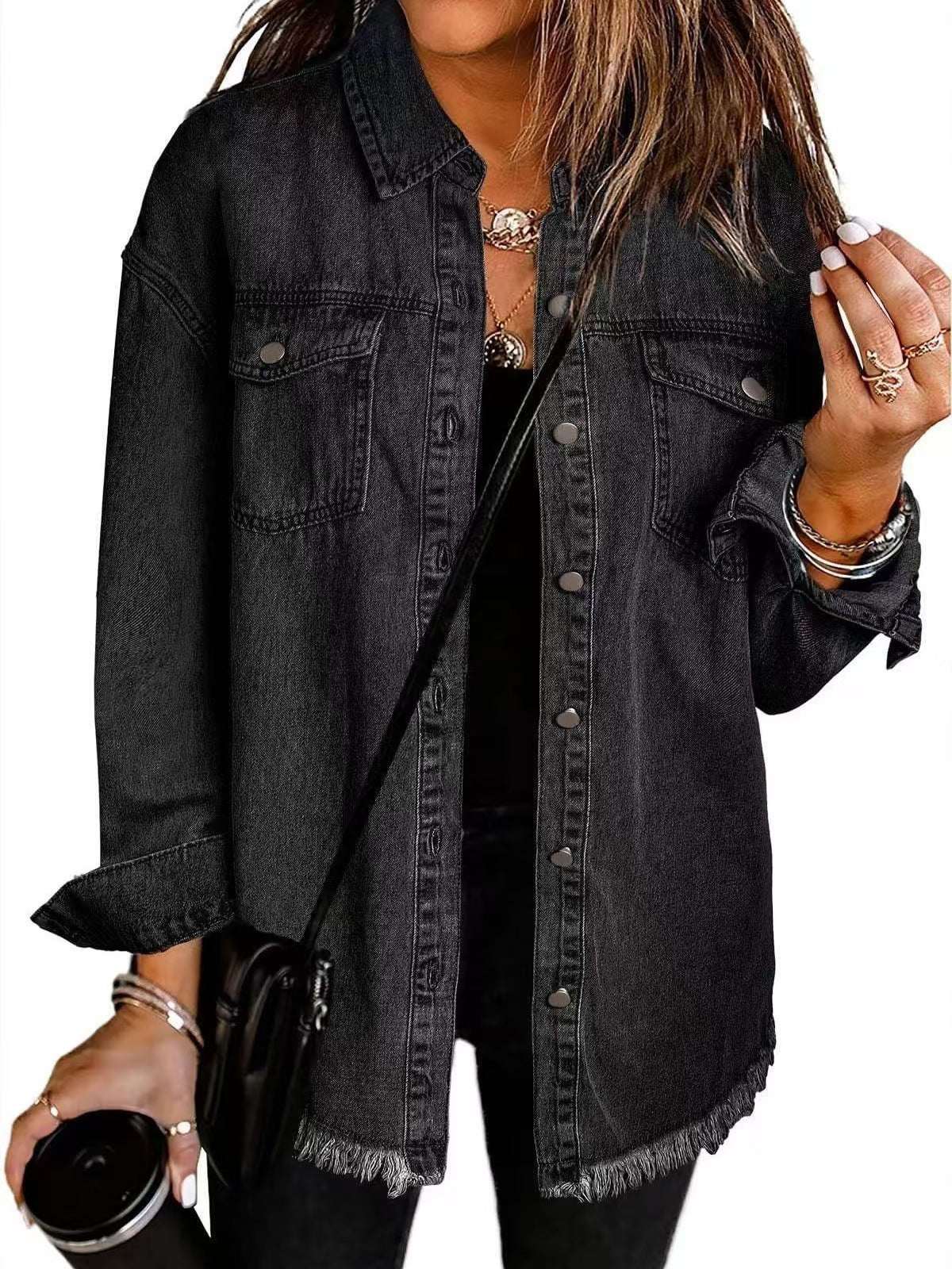 Women's Oversized Denim Shacket Frayed Hem Jacket