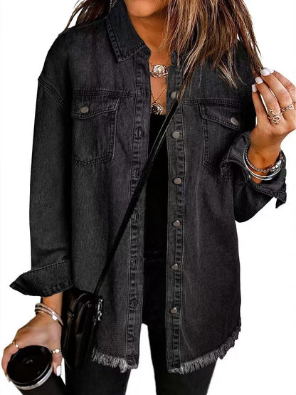 Women's Oversized Denim Shacket Frayed Hem Jacket