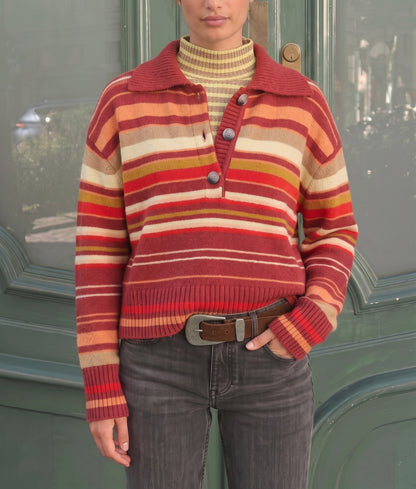 Women's Striped Polo Collar Long Sleeve Sweater