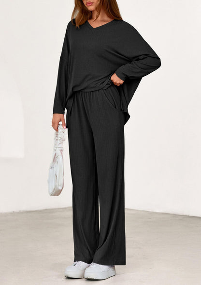 Women's Two Piece Ribbed Lounge Set Wide Leg Pants