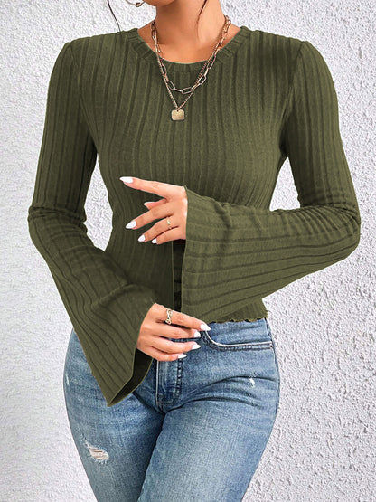 Women Ribbed Bell Sleeve Crop Top Long Sleeve