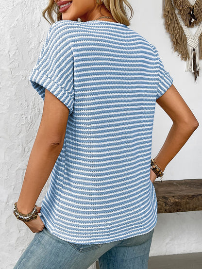 Women’s V-Neck Striped Loose Fit Short Sleeve Tee