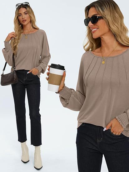 Women's Pleated Crewneck Balloon Sleeve Oversized Top