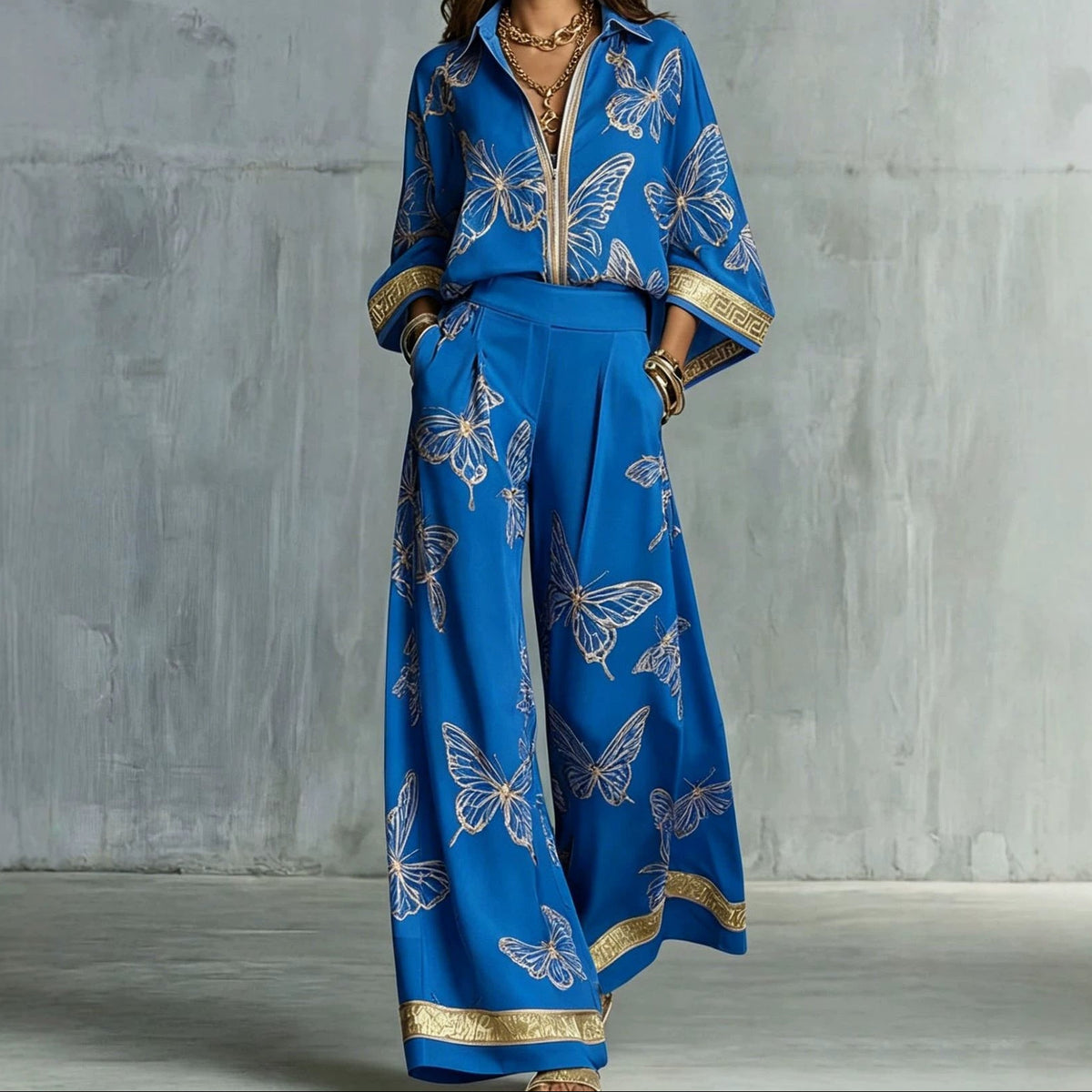 Boho Butterfly Print Two Piece Zip Up Top Wide Leg Pants