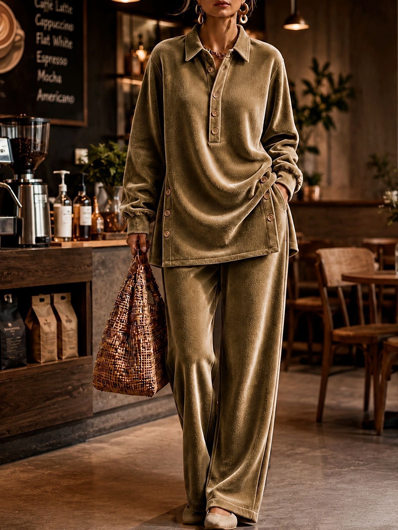Women's Velvet Lounge Set Button Top & Wide Leg Pants