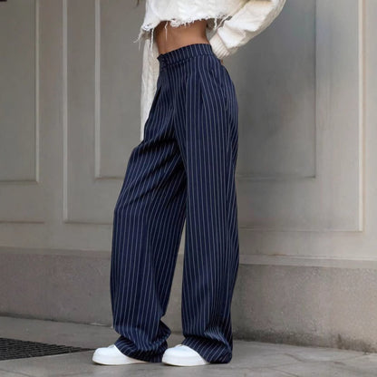 Women's Navy Striped High Waist Wide Leg Trousers