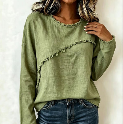 Women's Fringe Trim Crew Neck Long Sleeve Boho Top