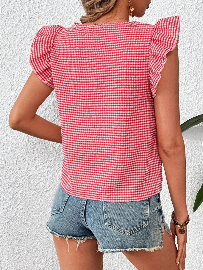 Gingham Square Neck Ruffle Sleeve Blouse Top