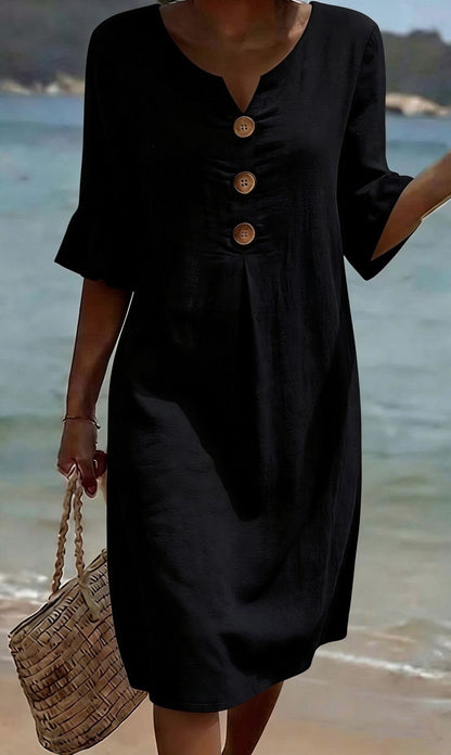 Women's Linen V-Neck Button Ruffle Sleeve Midi Dress
