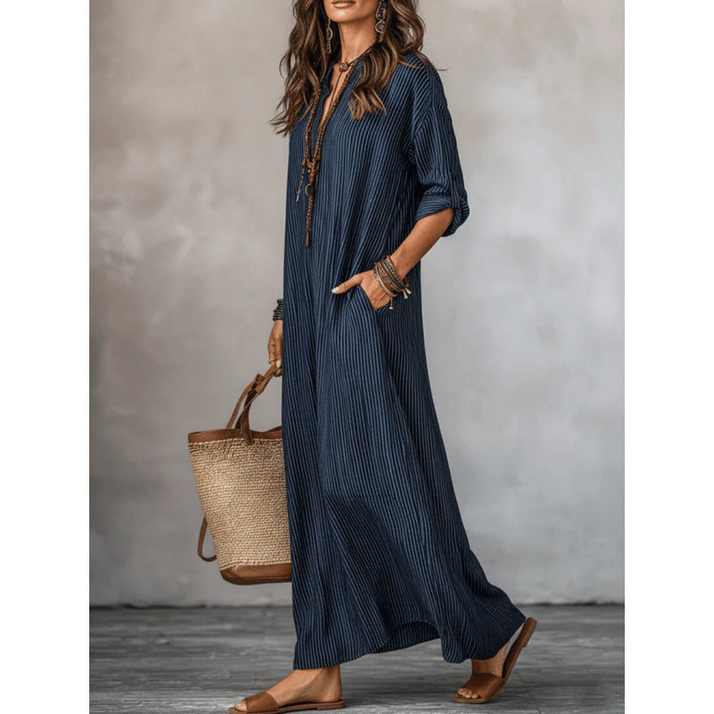 Women's Striped V-Neck Maxi Dress Casual Loose Pockets
