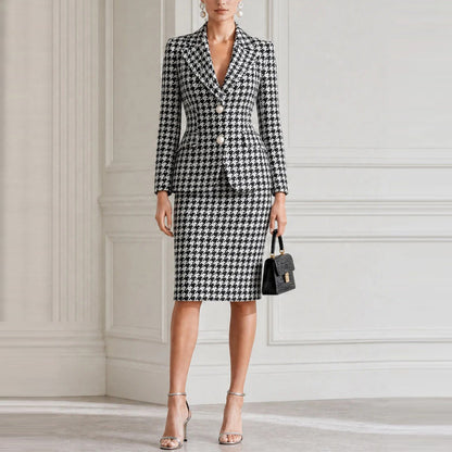Elegant Houndstooth Blazer Midi Skirt 2 Piece Set