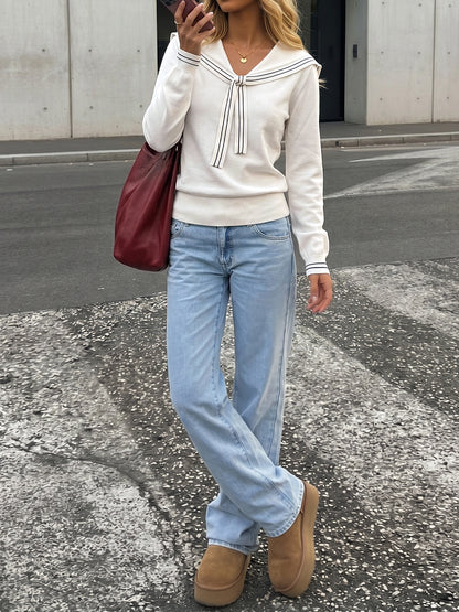 Striped Sailor V Neck Knit Sweater Preppy Pullover